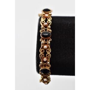 Florenza Vintage Bangle Bracelet Gold Filigree Black Crystal Pearl Signed BinBR